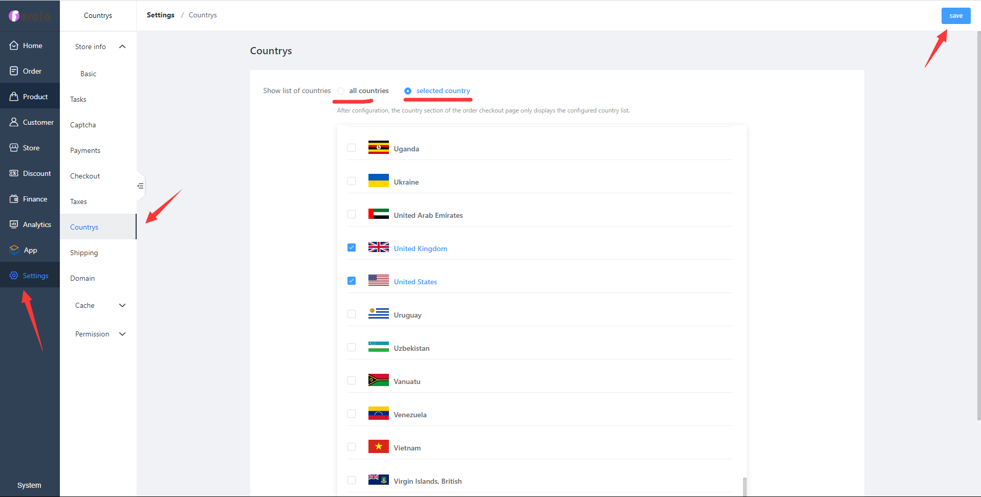 Settings Countries