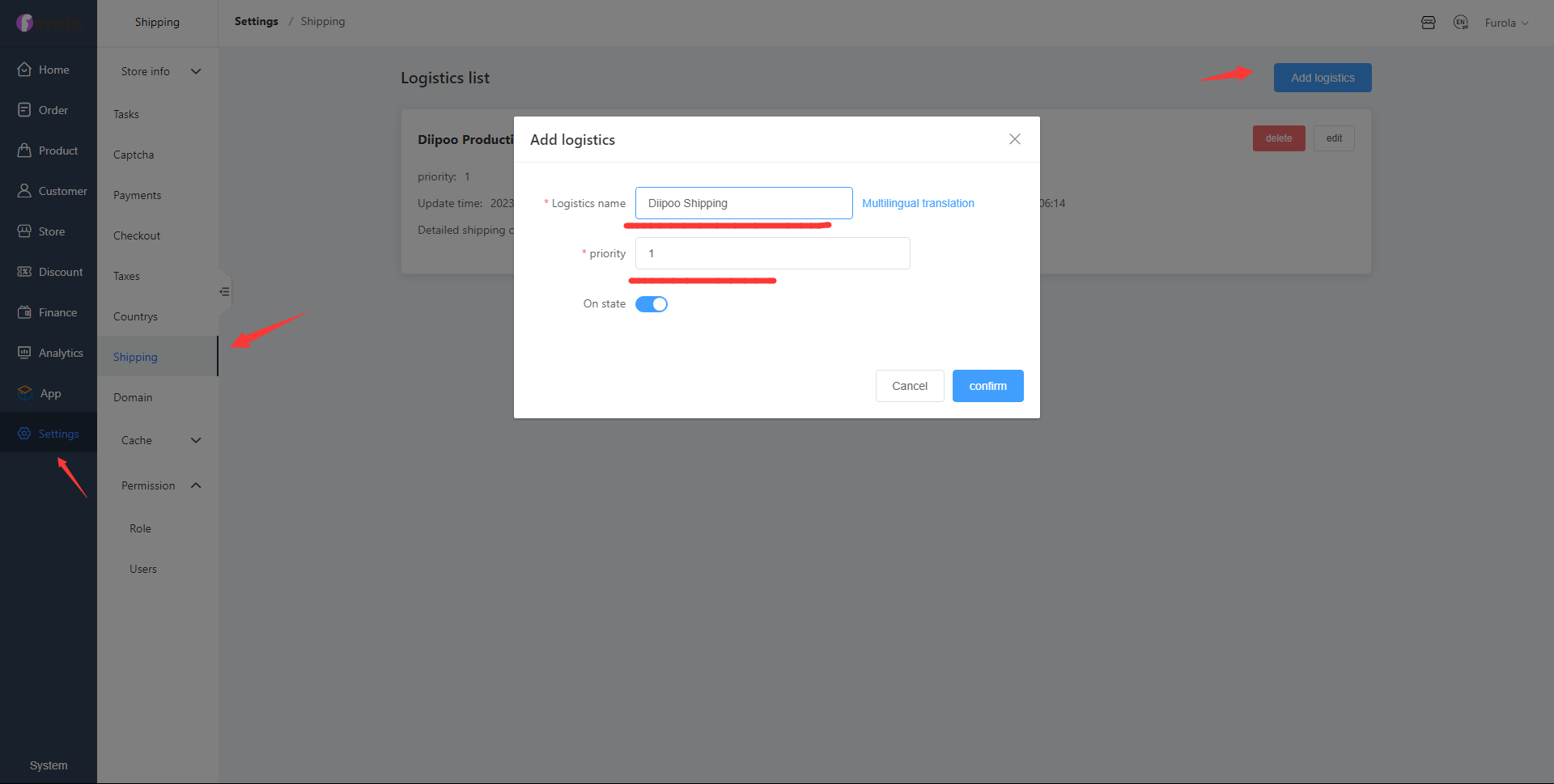 Settings Shipping