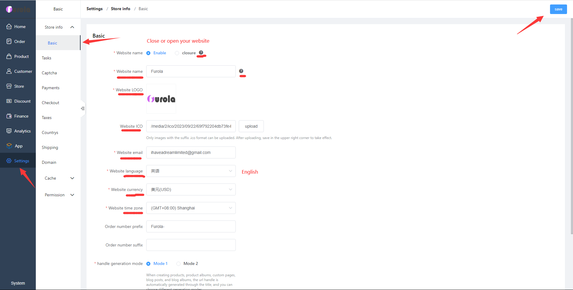 Settings Store info Basic