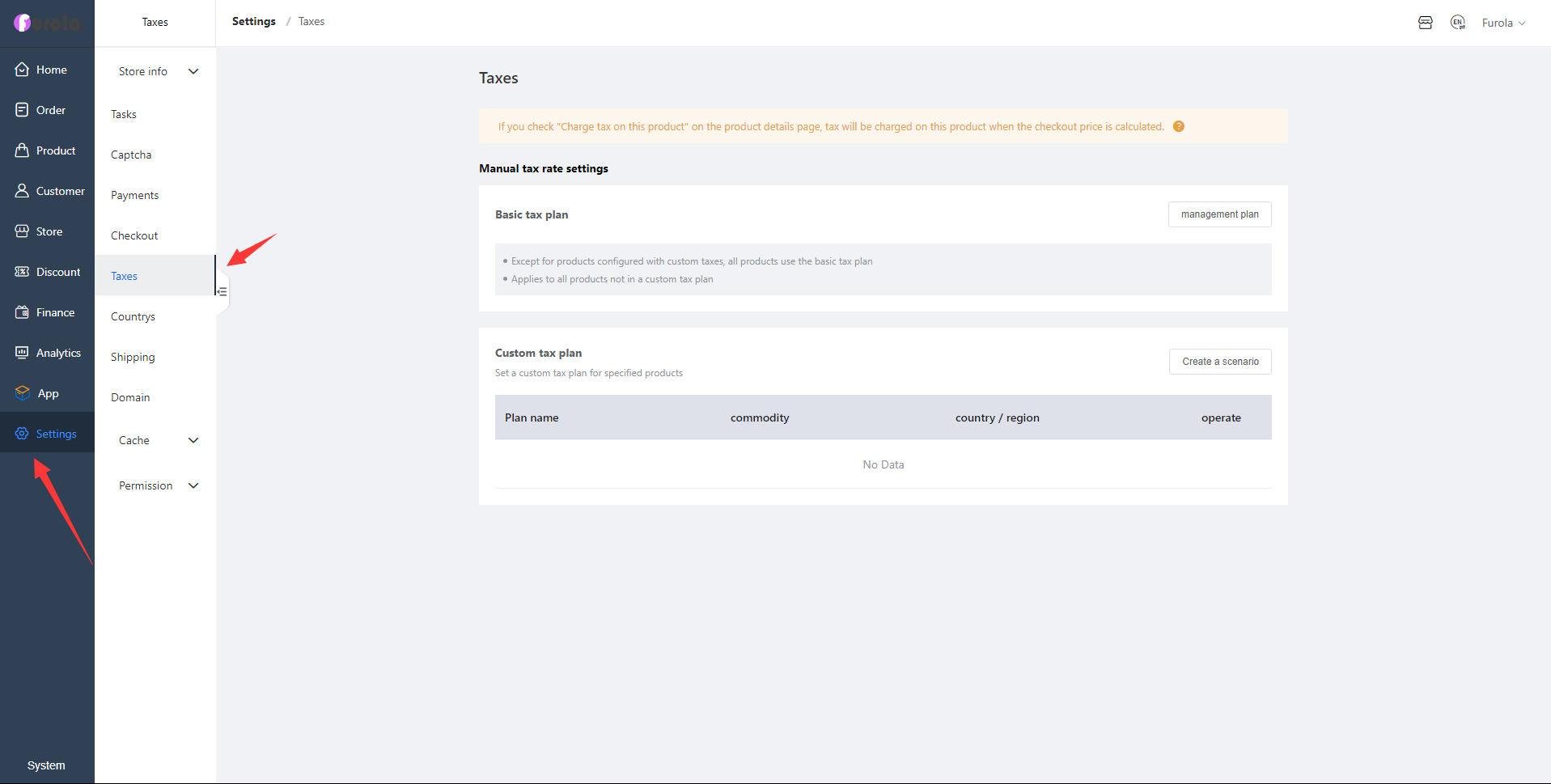 Settings Taxes