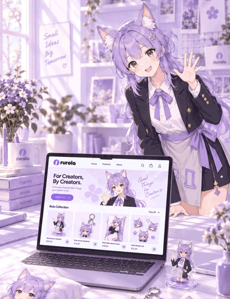 Furola kanban mascot with creator storefront on laptop