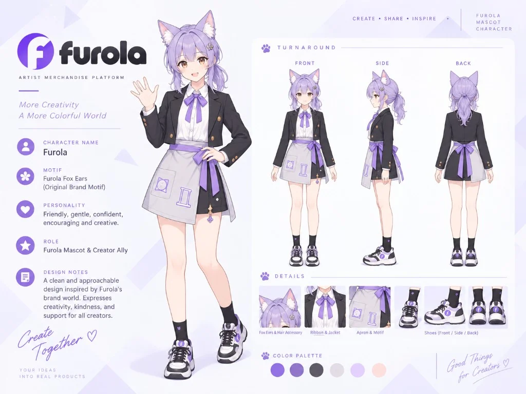 Furola mascot character turnaround showing front, side and back views