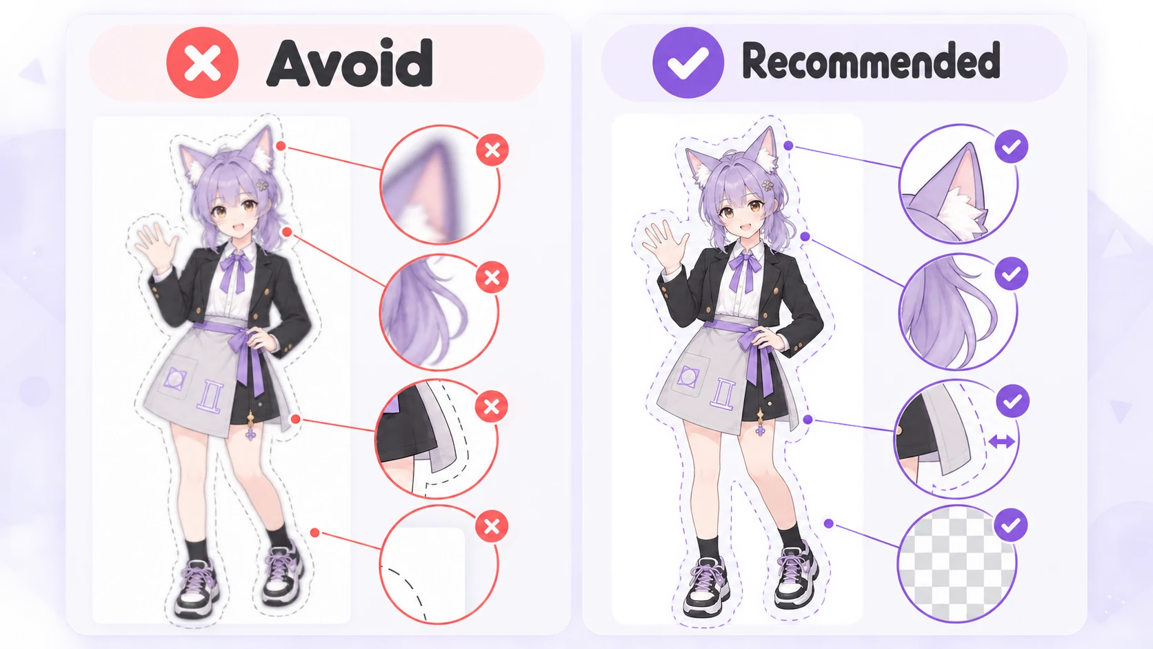 Acrylic standee file preparation guide showing recommended and avoid examples